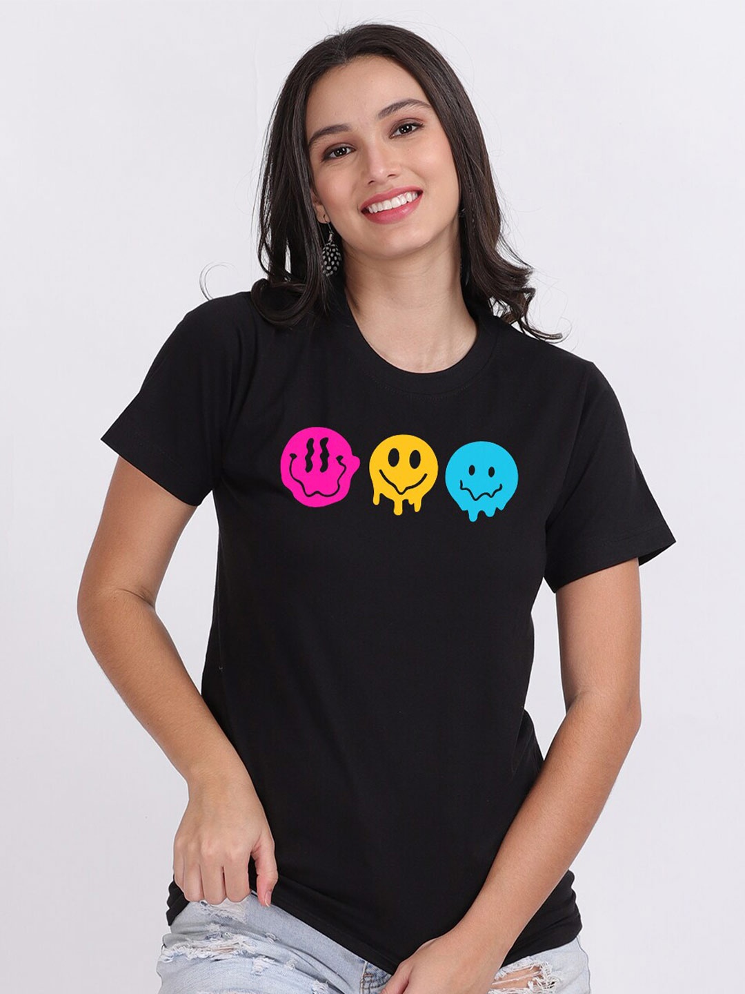 

Mad Over Print Women Black Psychedelic Smileys T-shirt