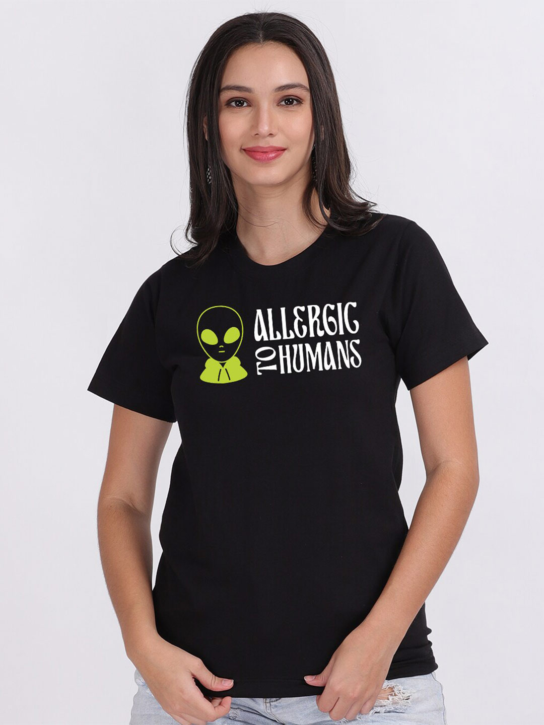 

Mad Over Print Women Black Allergic To Humans Typography Print T-shirt