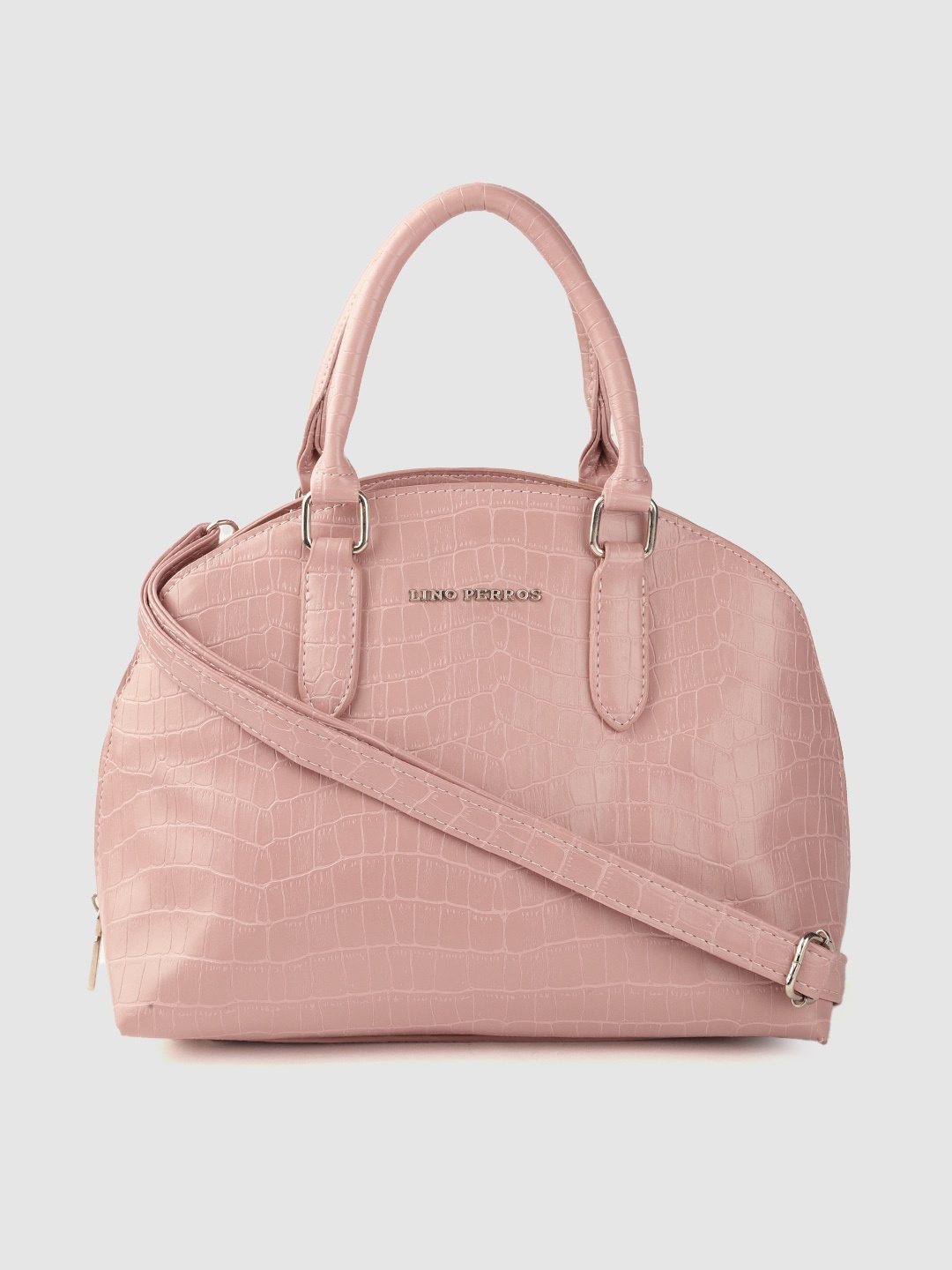 

Lino Perros Peach-Coloured Croc Textured Structured Handheld Bag & Detachable Sling Strap