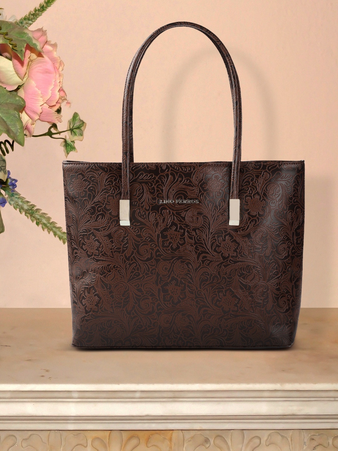 

Lino Perros Coffee Brown Ethnic Motifs Textured Structured Laptop Bag