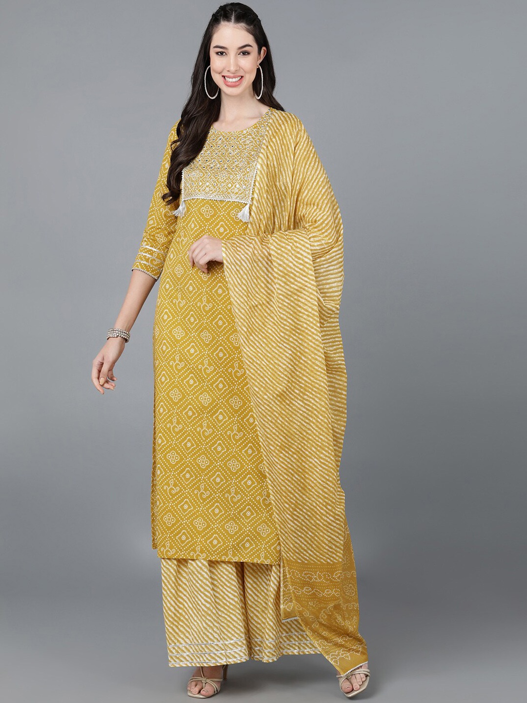 

kipek Women Mustard Yellow Printed Panelled Mirror Work Pure Cotton Kurta with Sharara