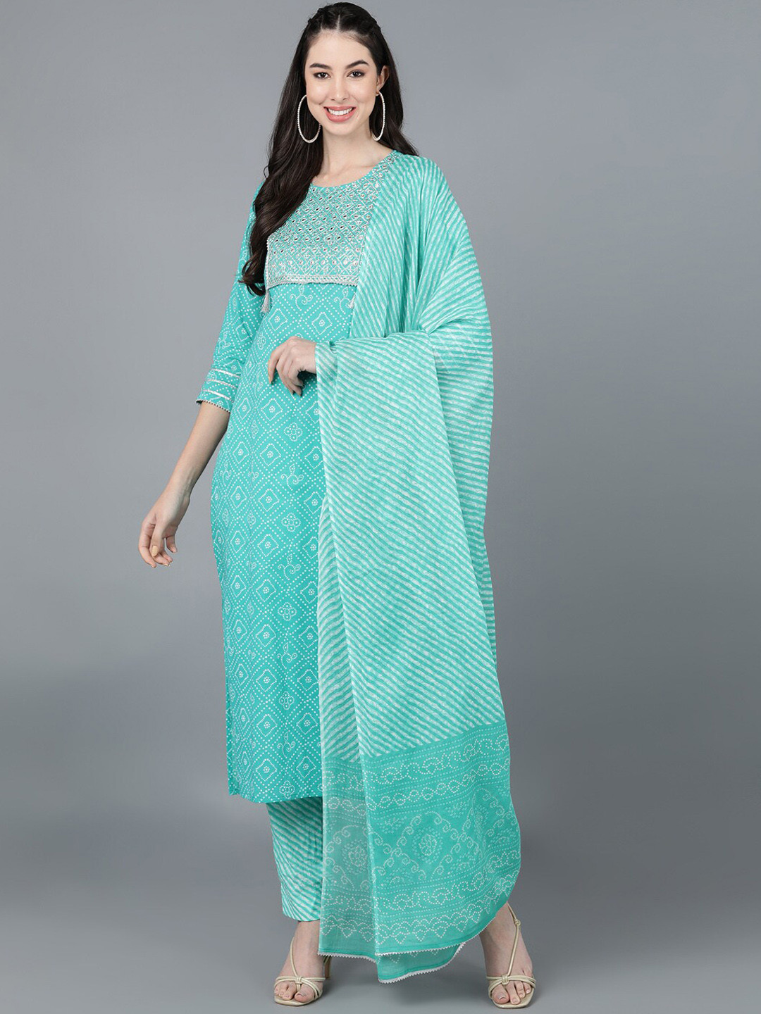 

kipek Women Blue Ethnic Motifs Printed Mirror Work Pure Cotton Kurta with Trousers & With Dupatta