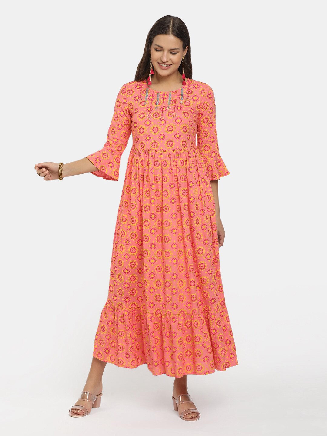 

Karigari Women Orange Floral Georgette Maxi Dress