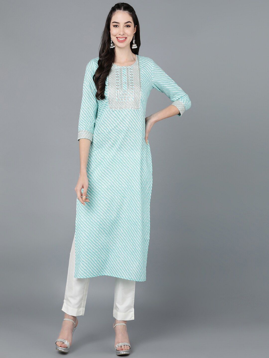 

kipek Women's Blue Cotton Lehriya Print Straight Kurta