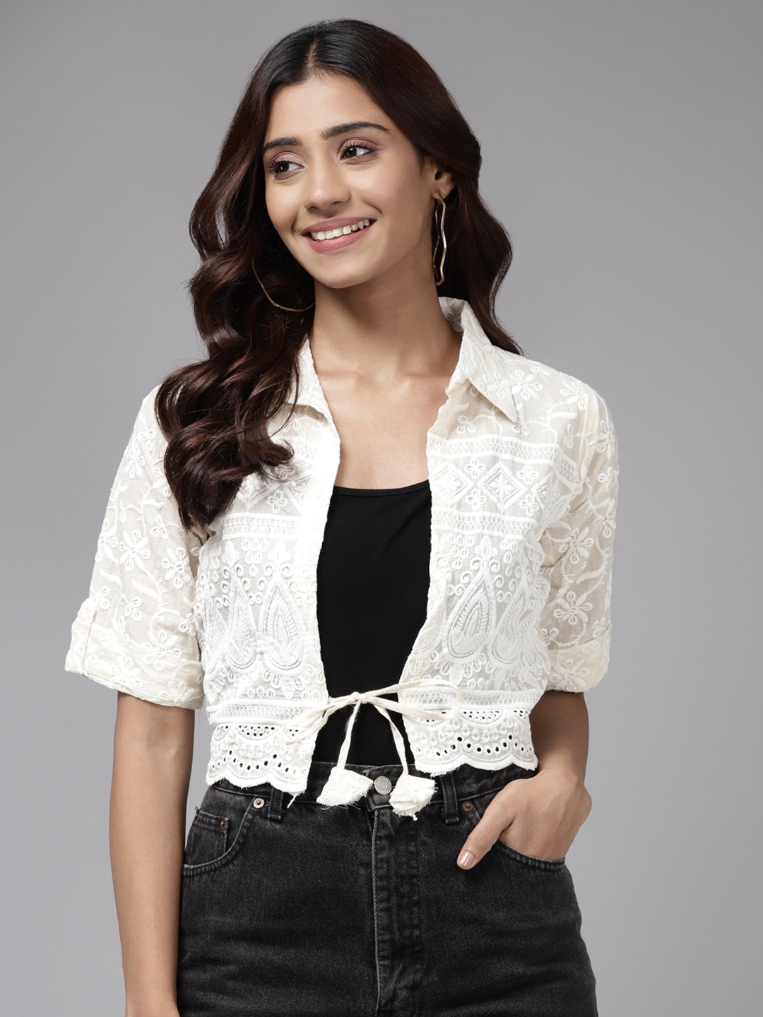 

Aarika Women White Embroidered Open Front Jacket