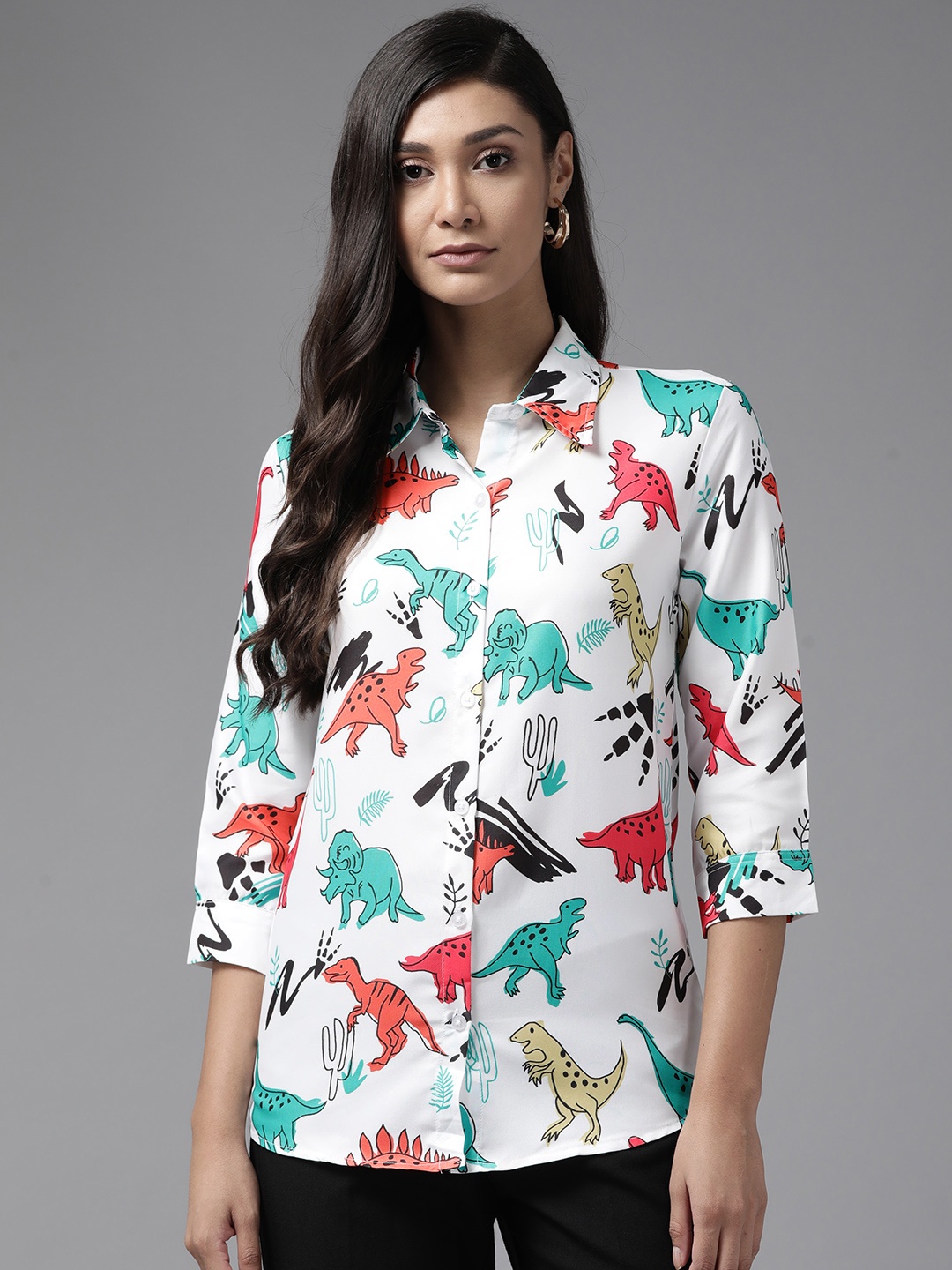 

Aarika Women White Tailored Fit Animal Printed Cotton Casual Shirt