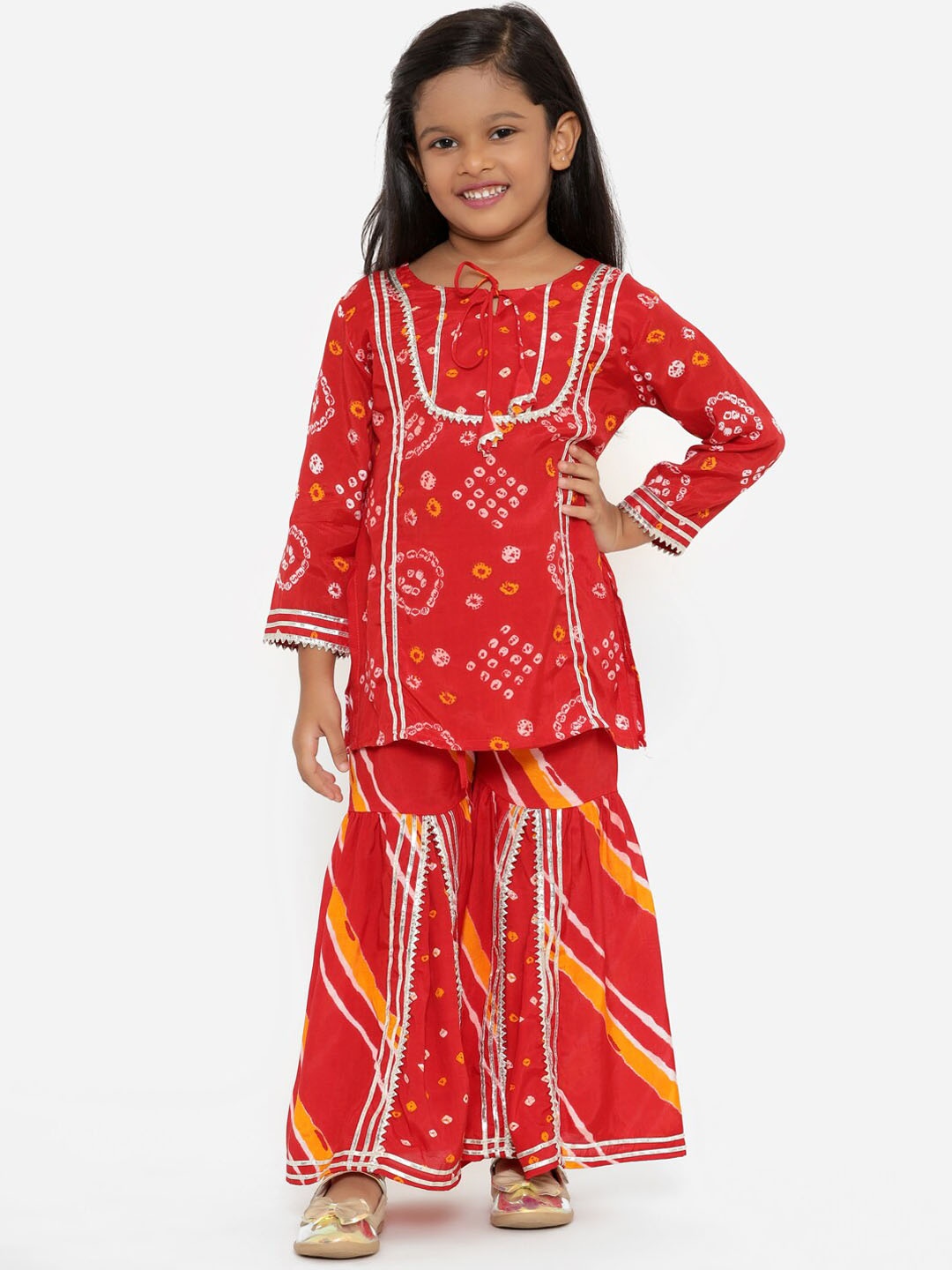 

Readiprint Fashions Girls Red Floral Printed Gotta Patti Kurta with Sharara & With Dupatta