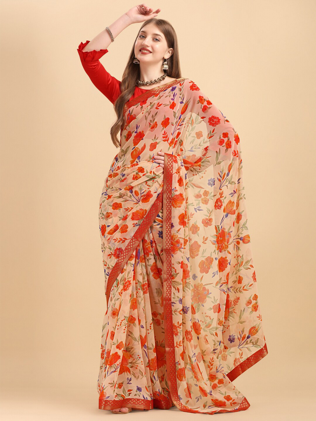 

Sangria Peach-Coloured & Red Floral Zari Pure Chiffon Saree