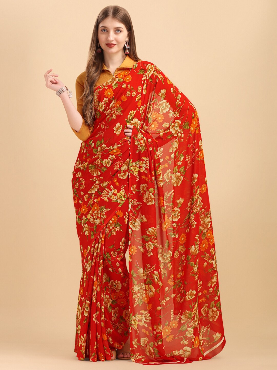 

Sangria Red & Beige Floral Pure Georgette Saree