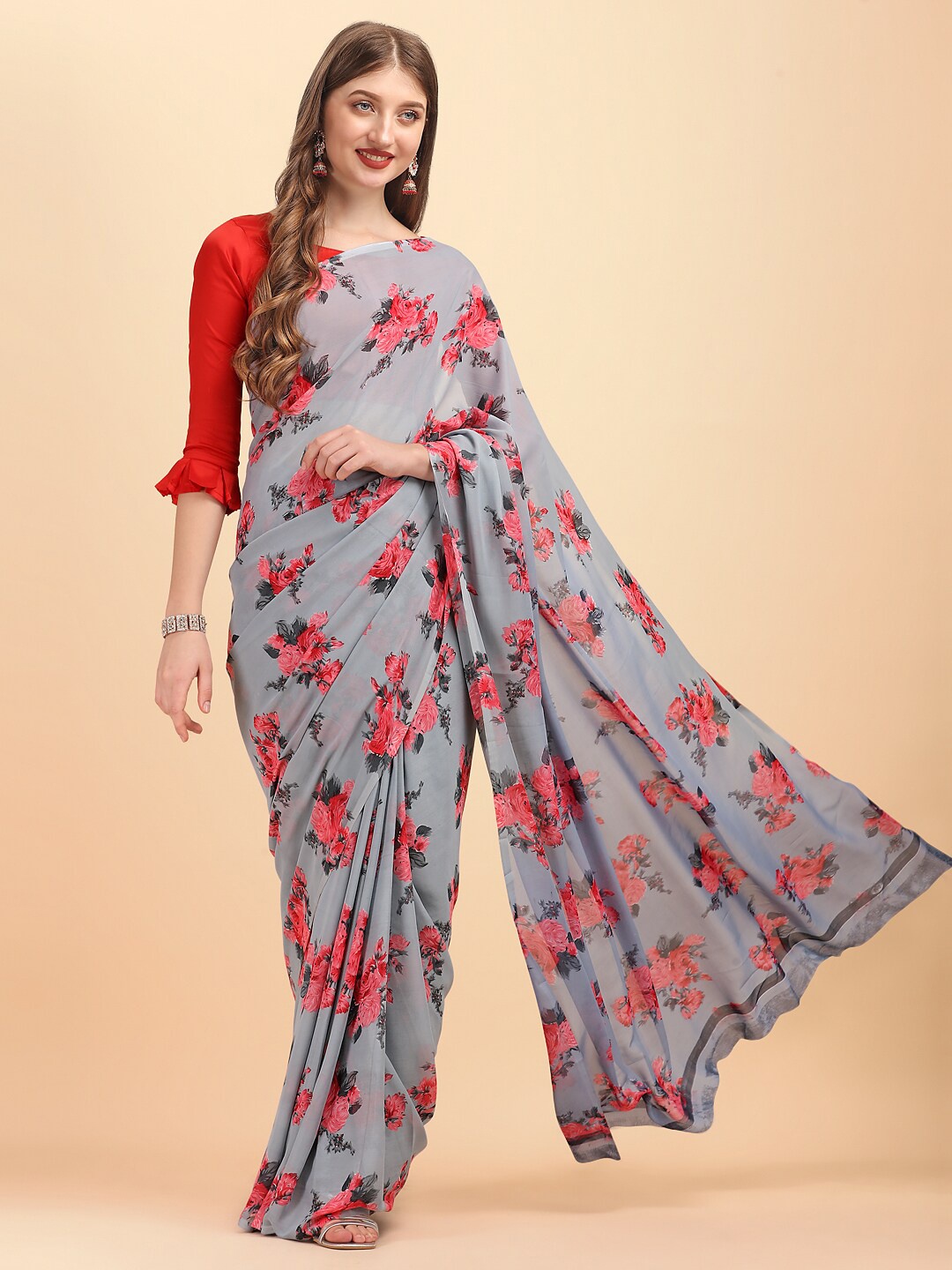 

Sangria Grey & Peach-Coloured Floral Pure Georgette Saree