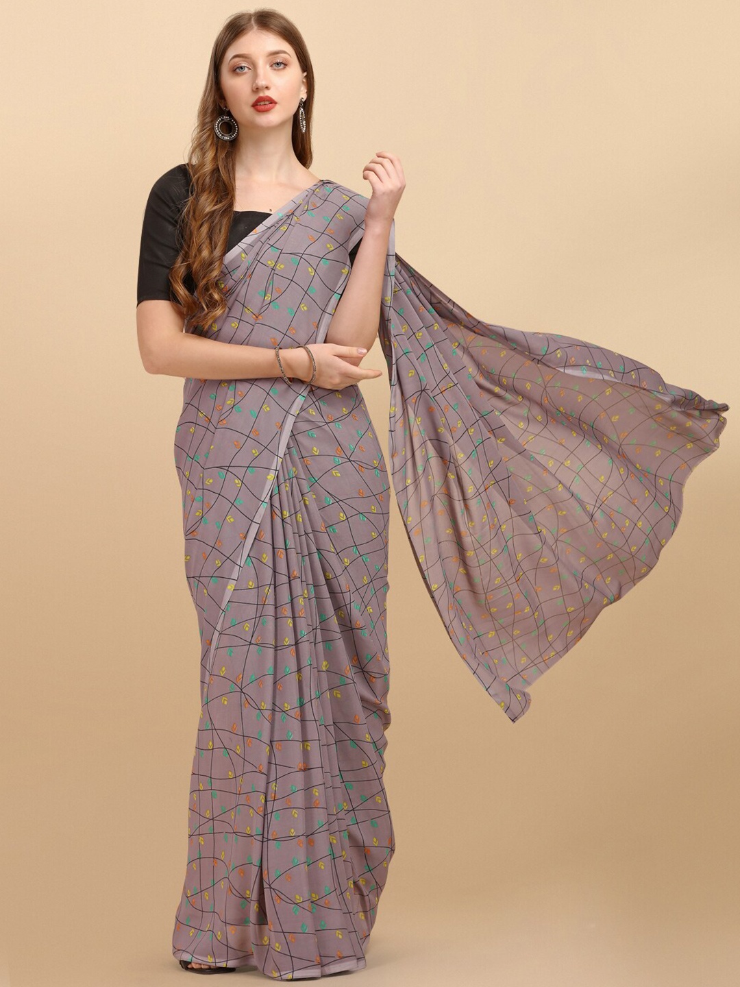 

Sangria Grey & Yellow Pure Printed Georgette Saree