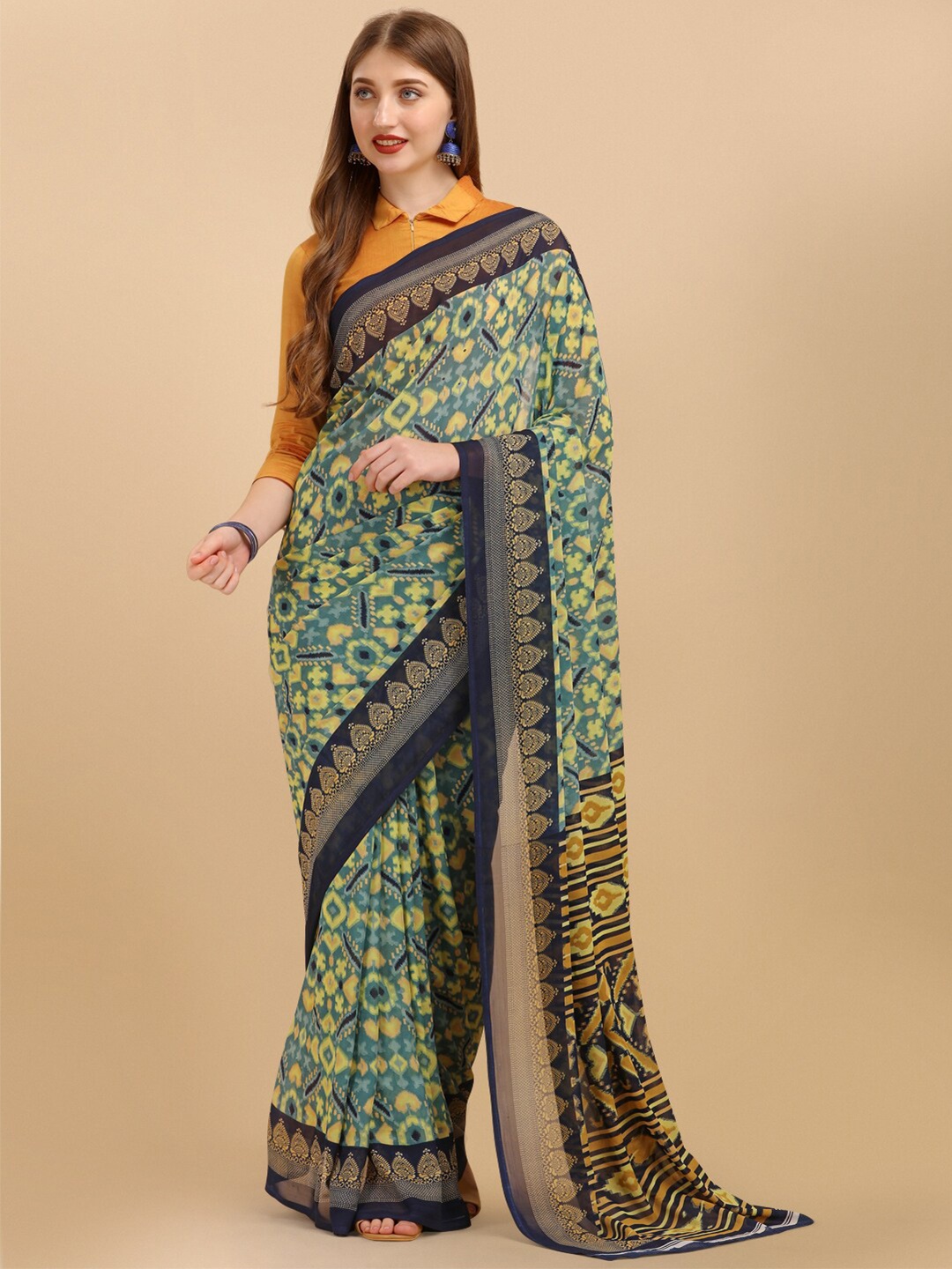 

Sangria Teal & Yellow Pure Georgette Geometric Printed Saree With Printed Border
