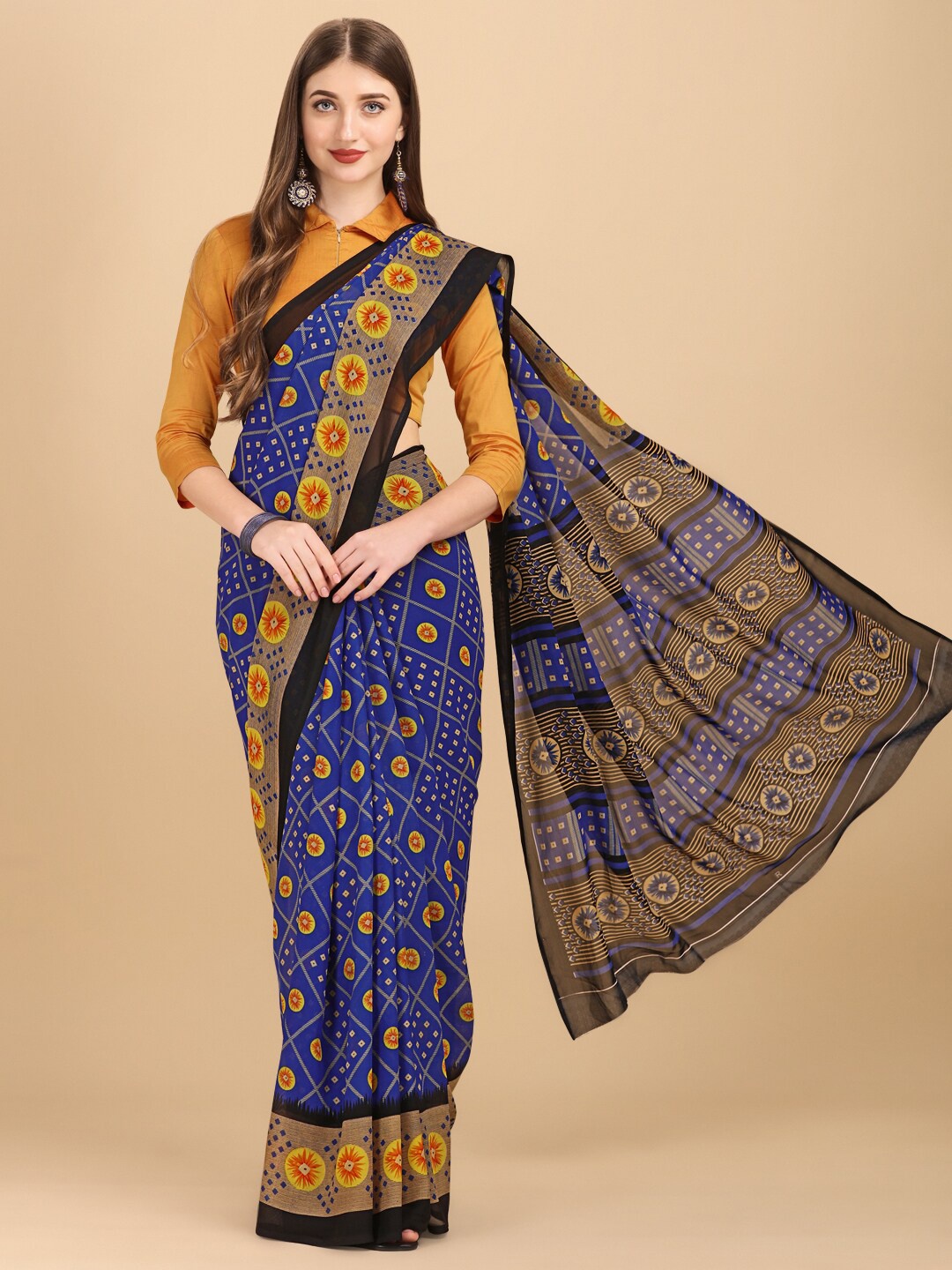 

Sangria Blue & Orange Bandhani Pure Georgette Saree