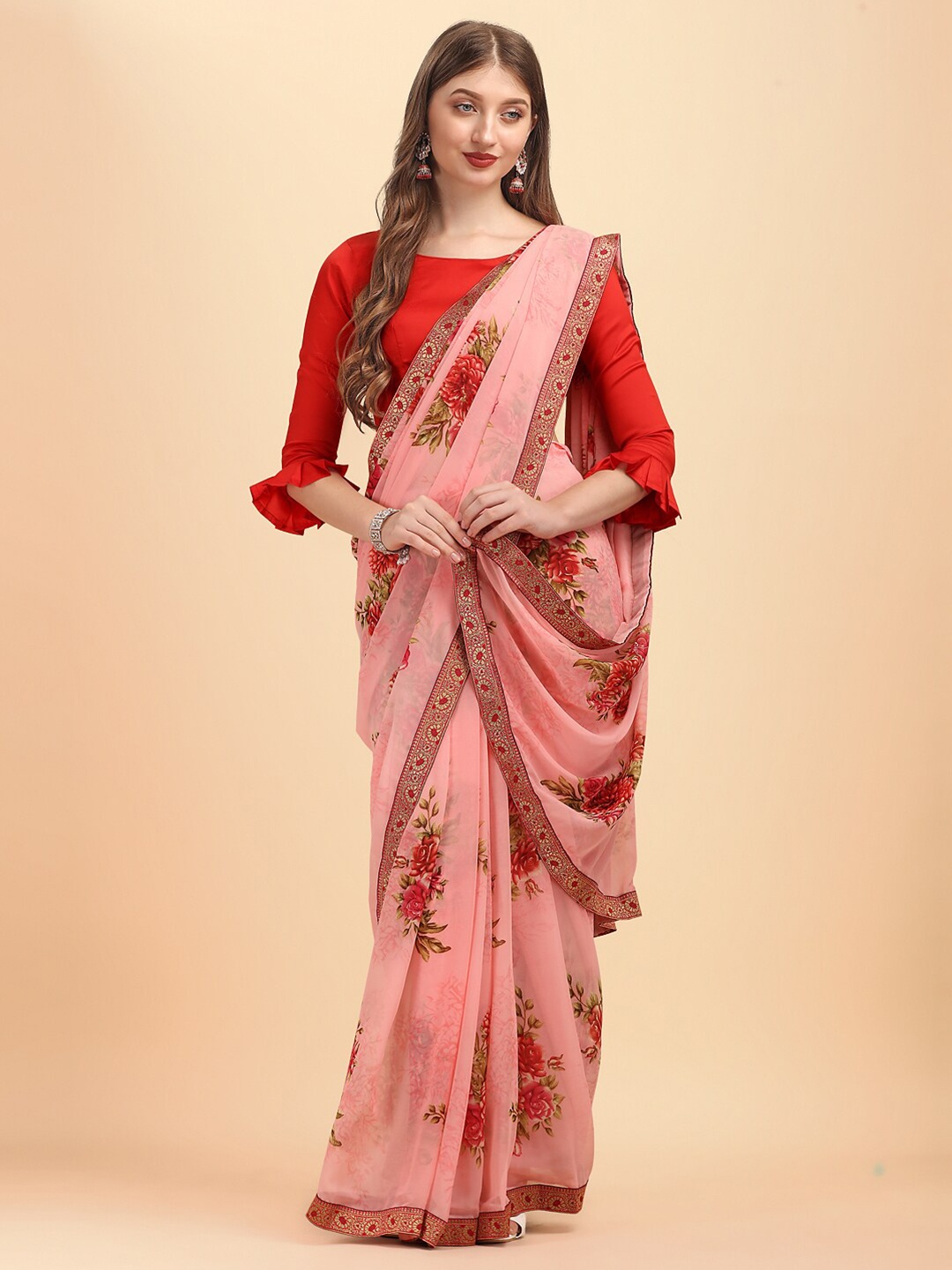 

Sangria Pink & Red Floral Printed Zari Pure Georgette Saree