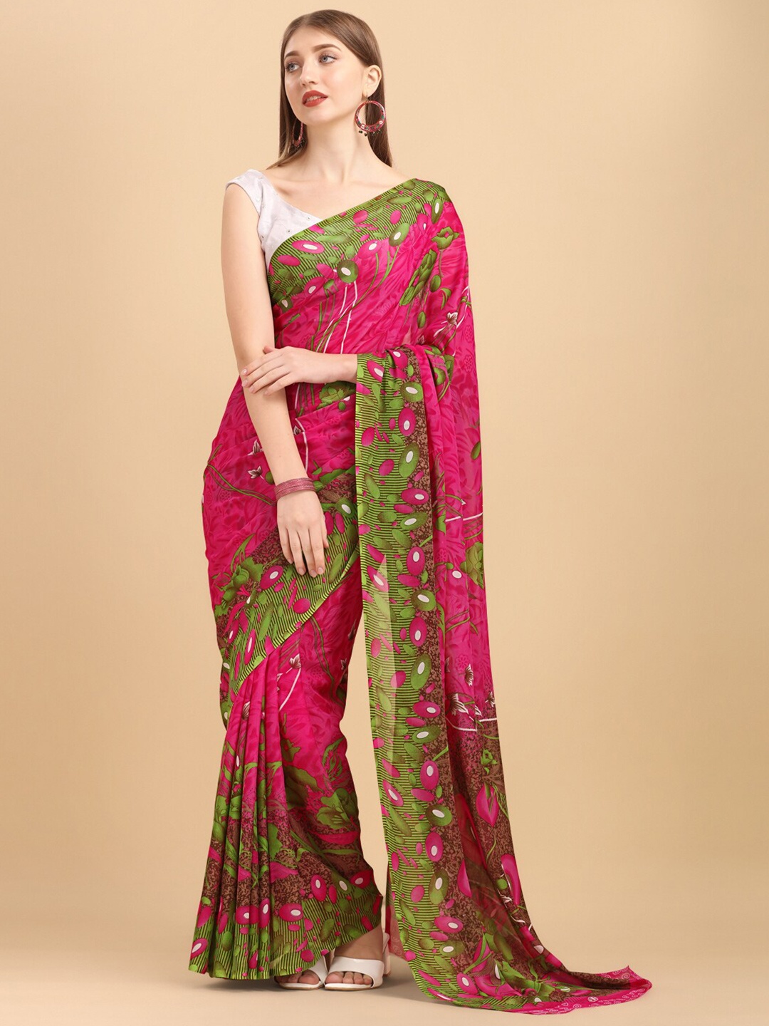 

Sangria Pink & Green Floral Pure Georgette Saree