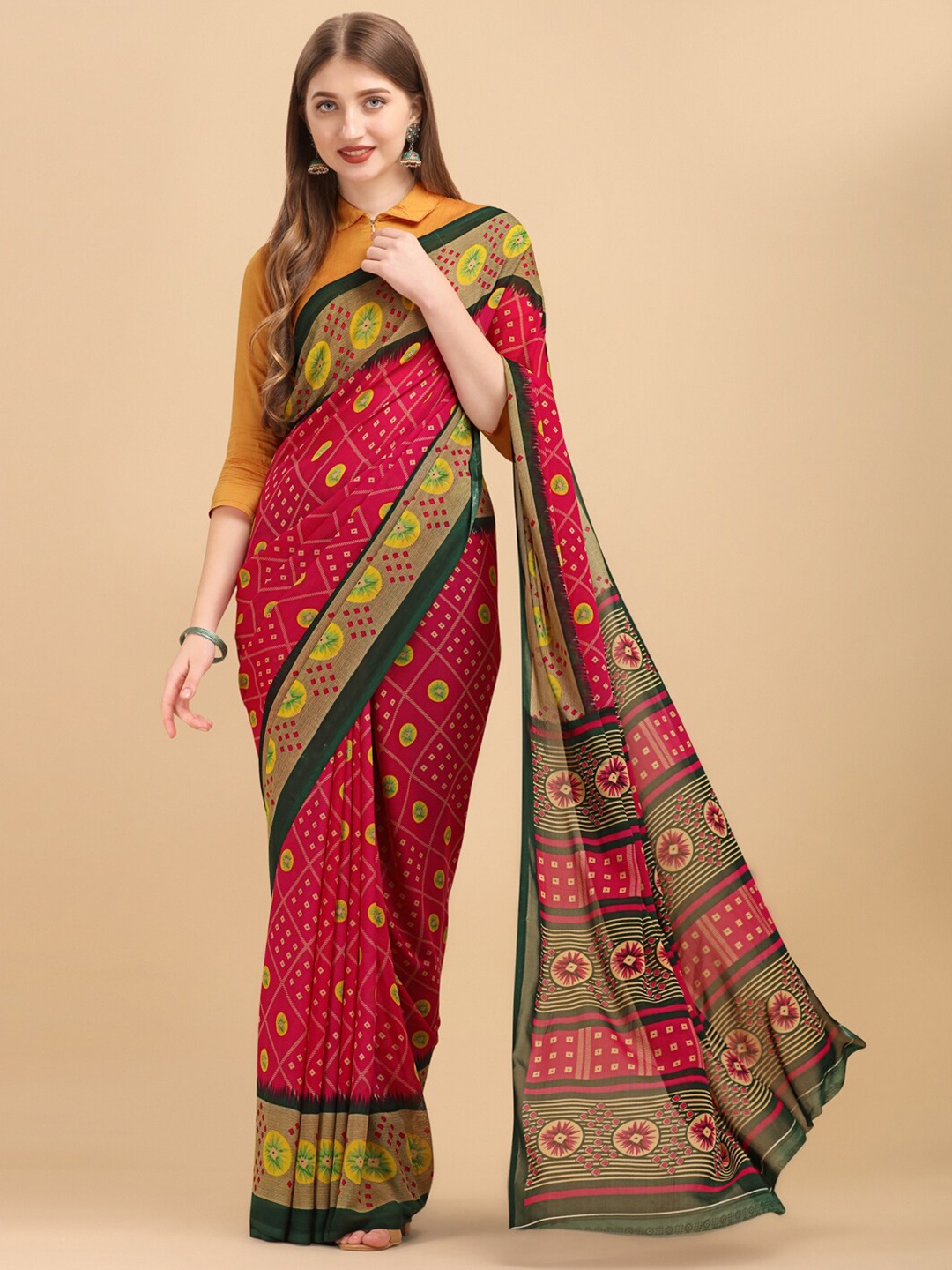 

Sangria Pink & Yellow Bandhani Pure Georgette Saree