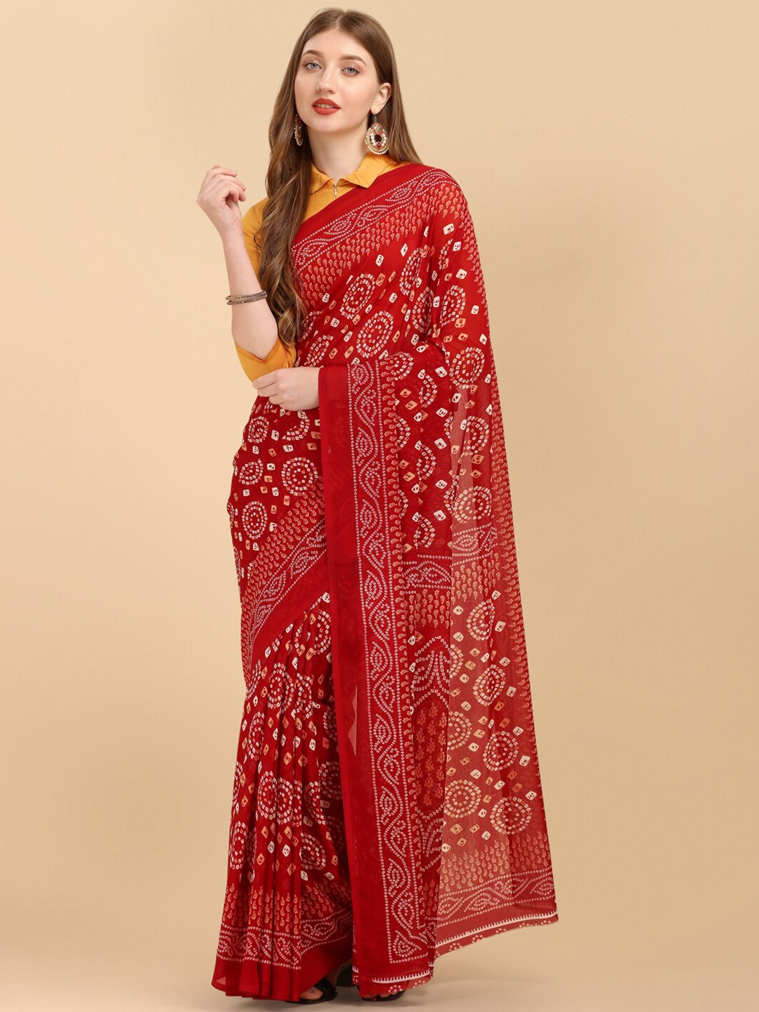 

Sangria Maroon & White Bandhani Pure Georgette Saree