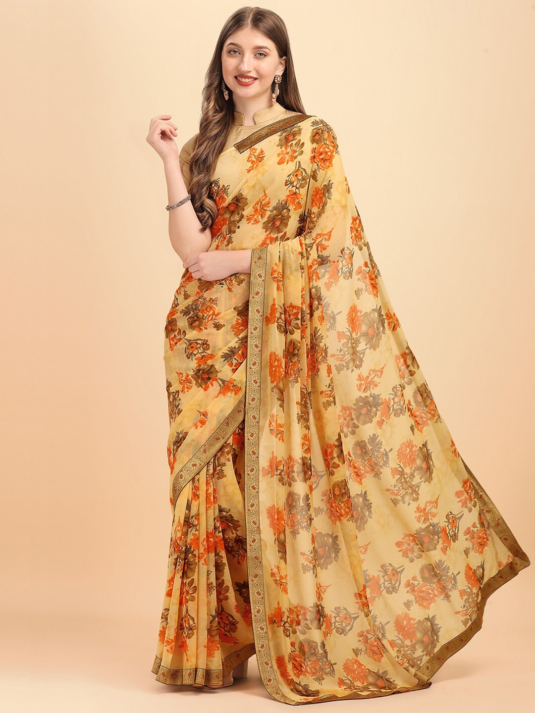 

Sangria Yellow & Brown Floral Pure Georgette Saree