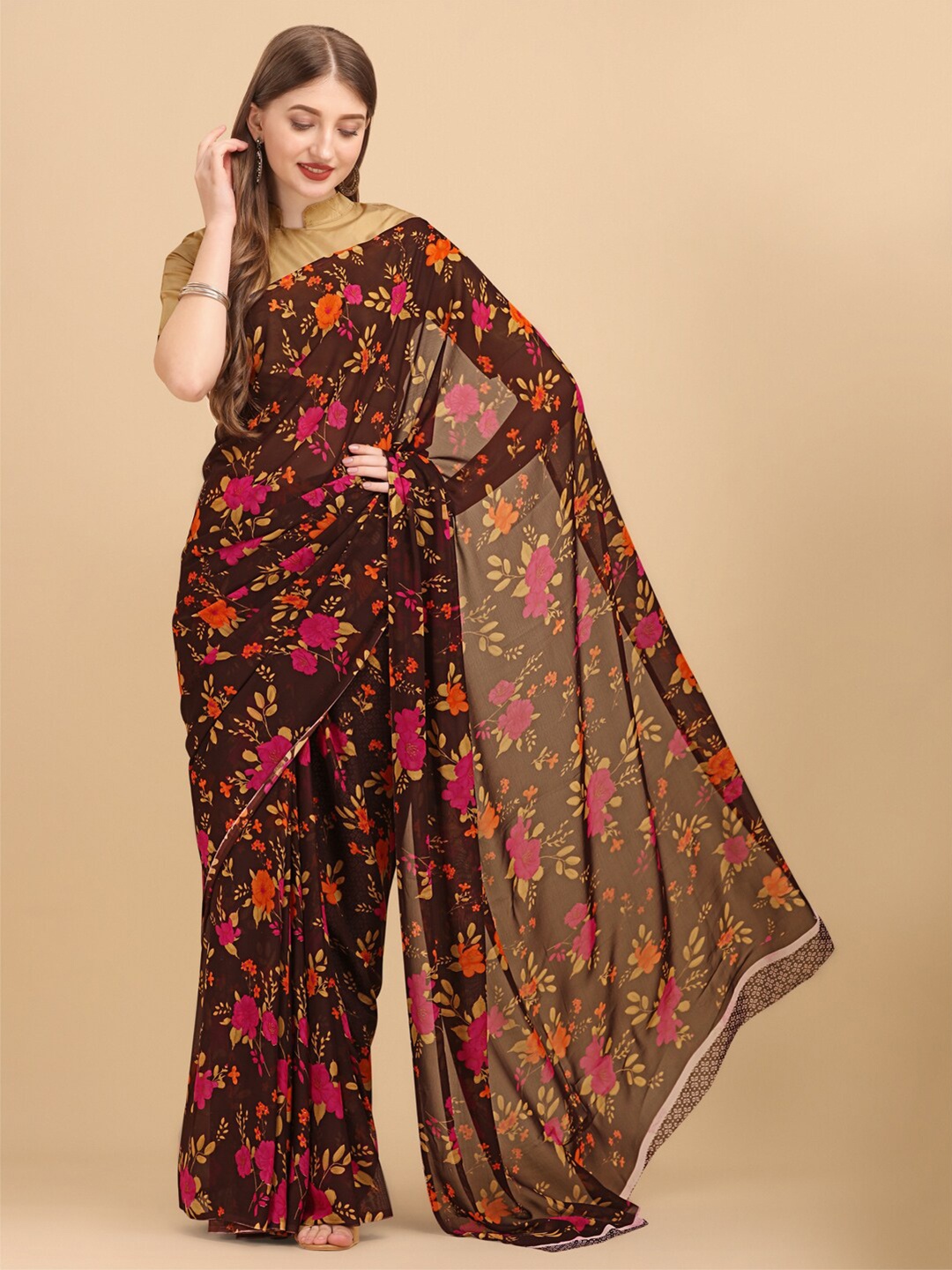 

Sangria women Brown & Pink Floral Pure Georgette Saree