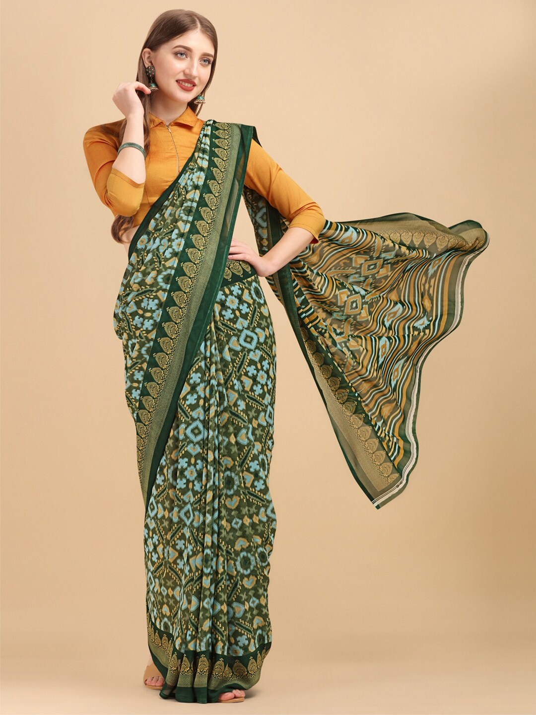 

Sangria Women Green Ethnic Motifs Printed Pure Georgette Saree