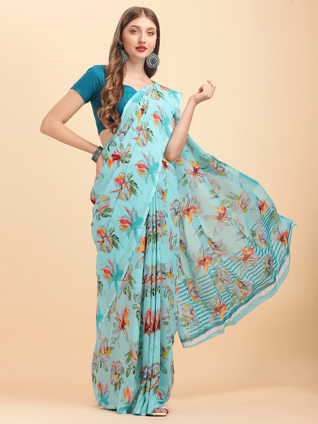 

Sangria Blue & Red Floral Pure Georgette Saree