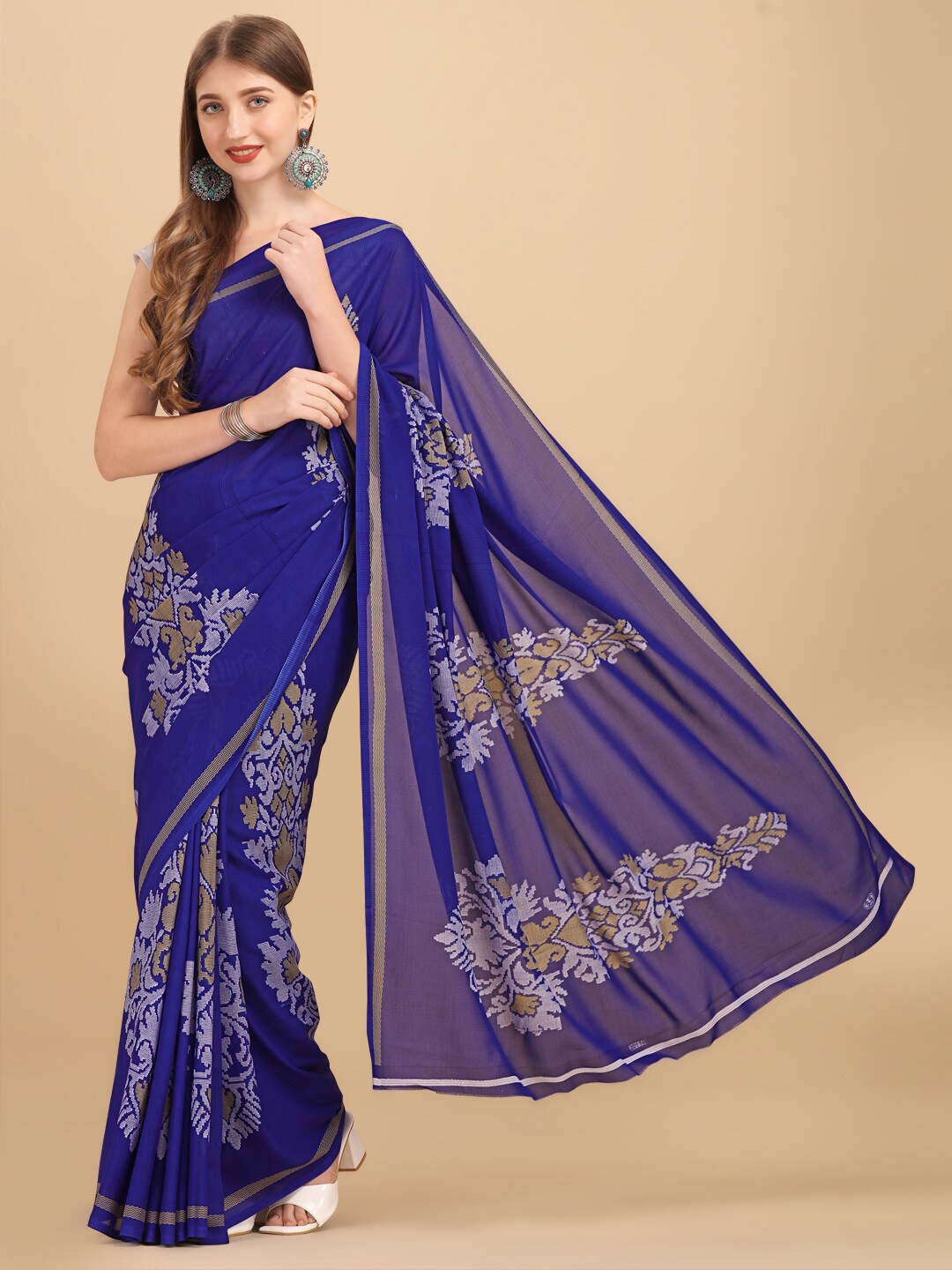 

Sangria Blue & Brown Ethnic Motifs Pure Georgette Saree