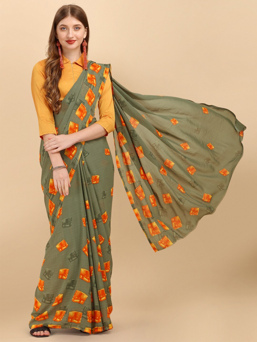 

Sangria Green & Orange Pure Georgette Saree