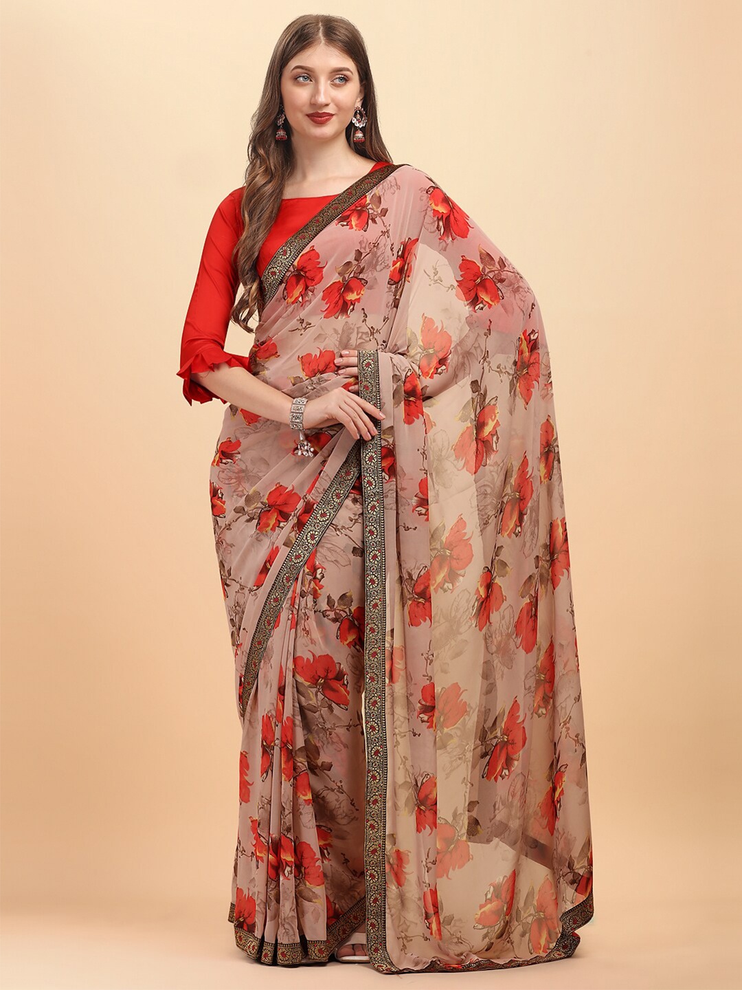 

Sangria Nude & Red Floral Print Saree