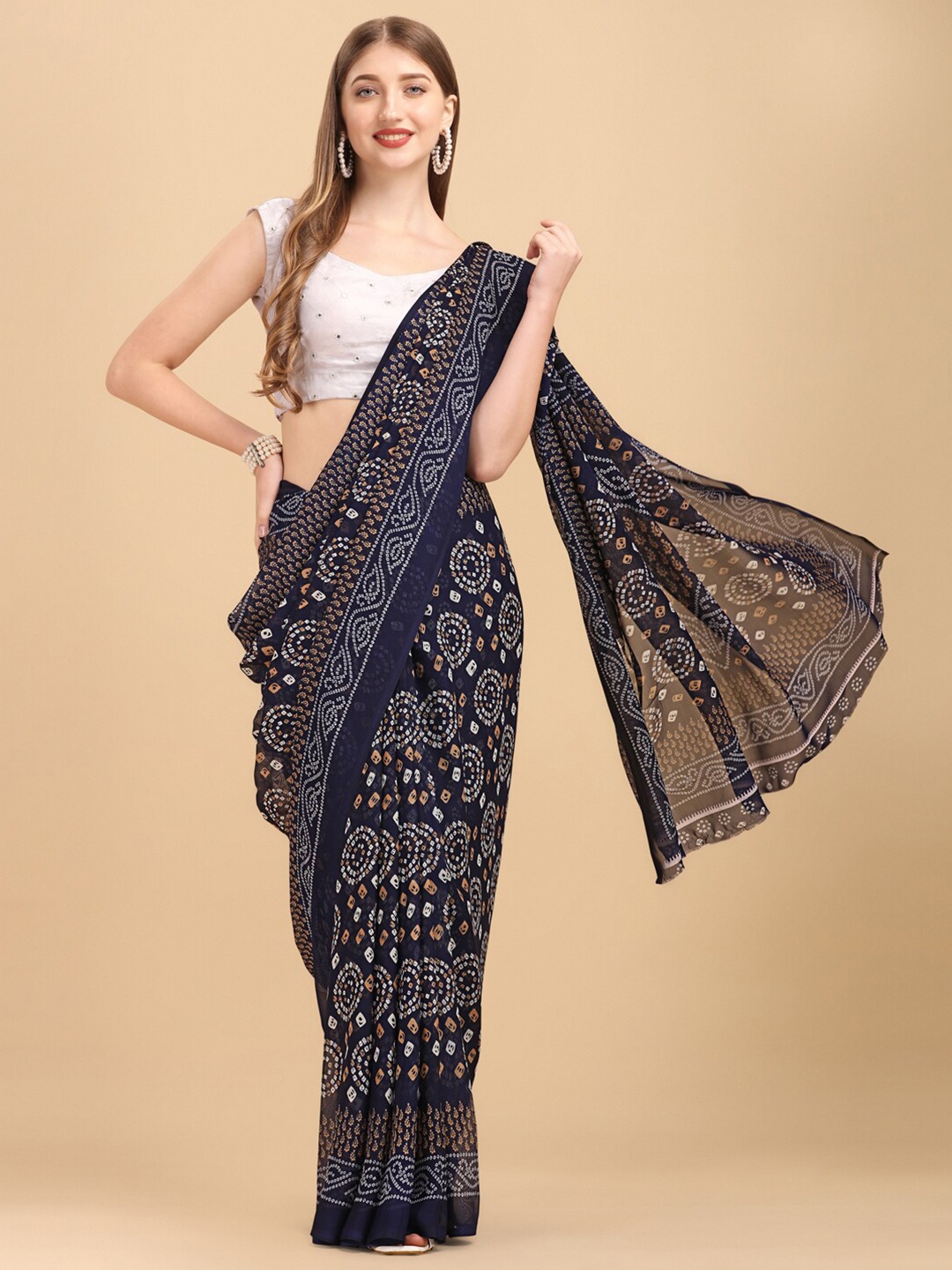 

Sangria Navy Blue & Off White Bandhani Pure Georgette Saree