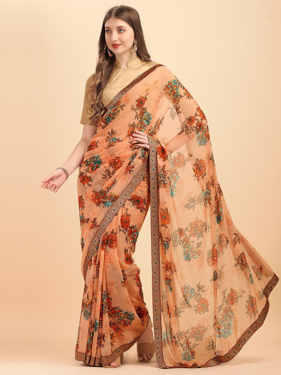 

Sangria Women Orange & Brown Floral Pure Georgette Saree With Unstitched blouse piece