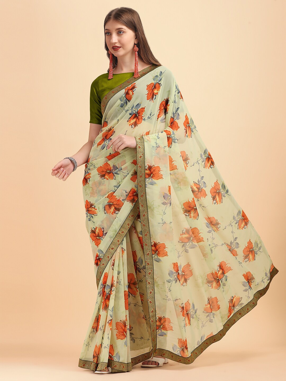 

Sangria Women Green & Orange Floral Zari Saree With Unstitched Blouse Piece