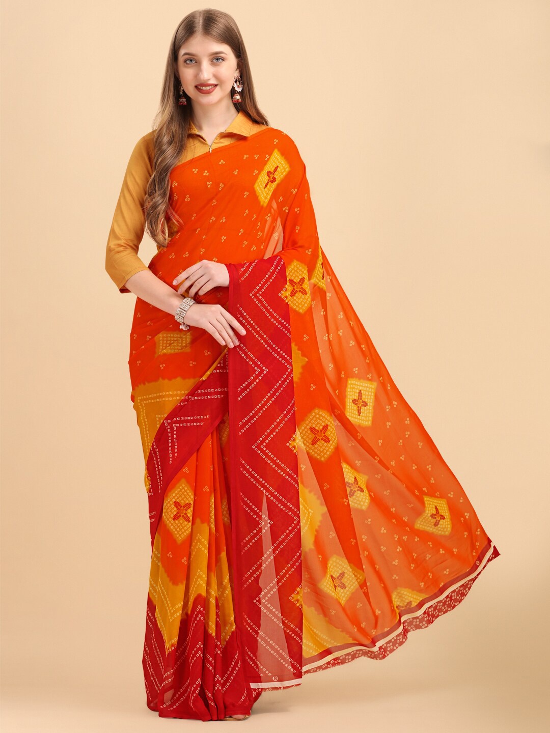 

Sangria Orange & Red Bandhani Pure Georgette Saree