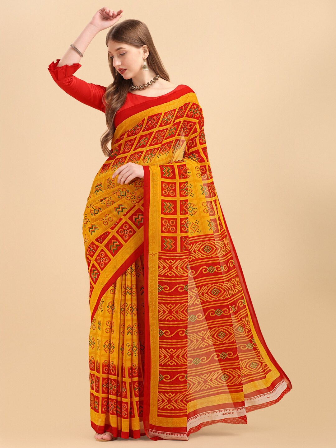 

Sangria Yellow & Green Bandhani Pure Georgette Saree