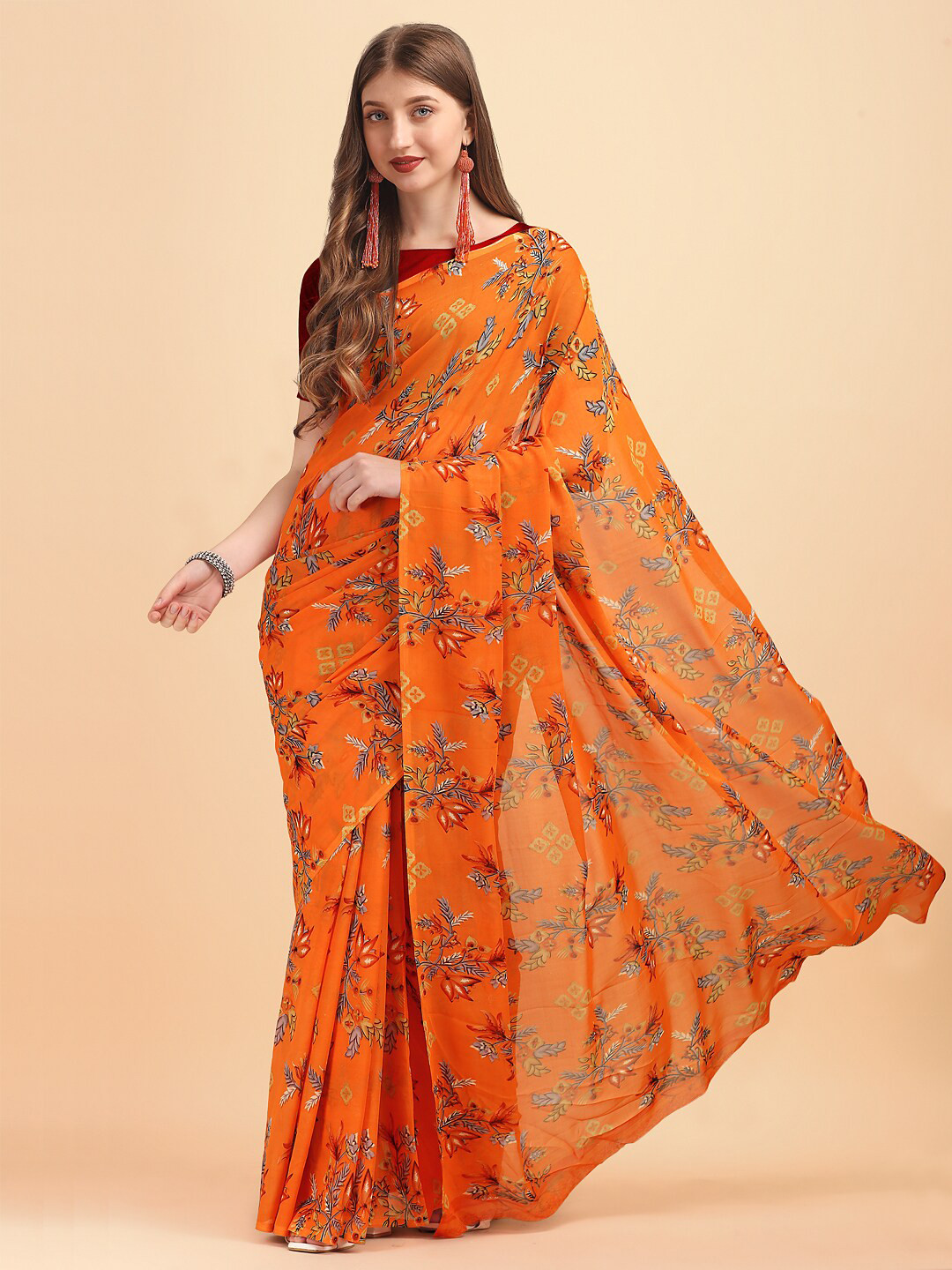 

Sangria Orange & Blue Floral Pure Georgette Saree