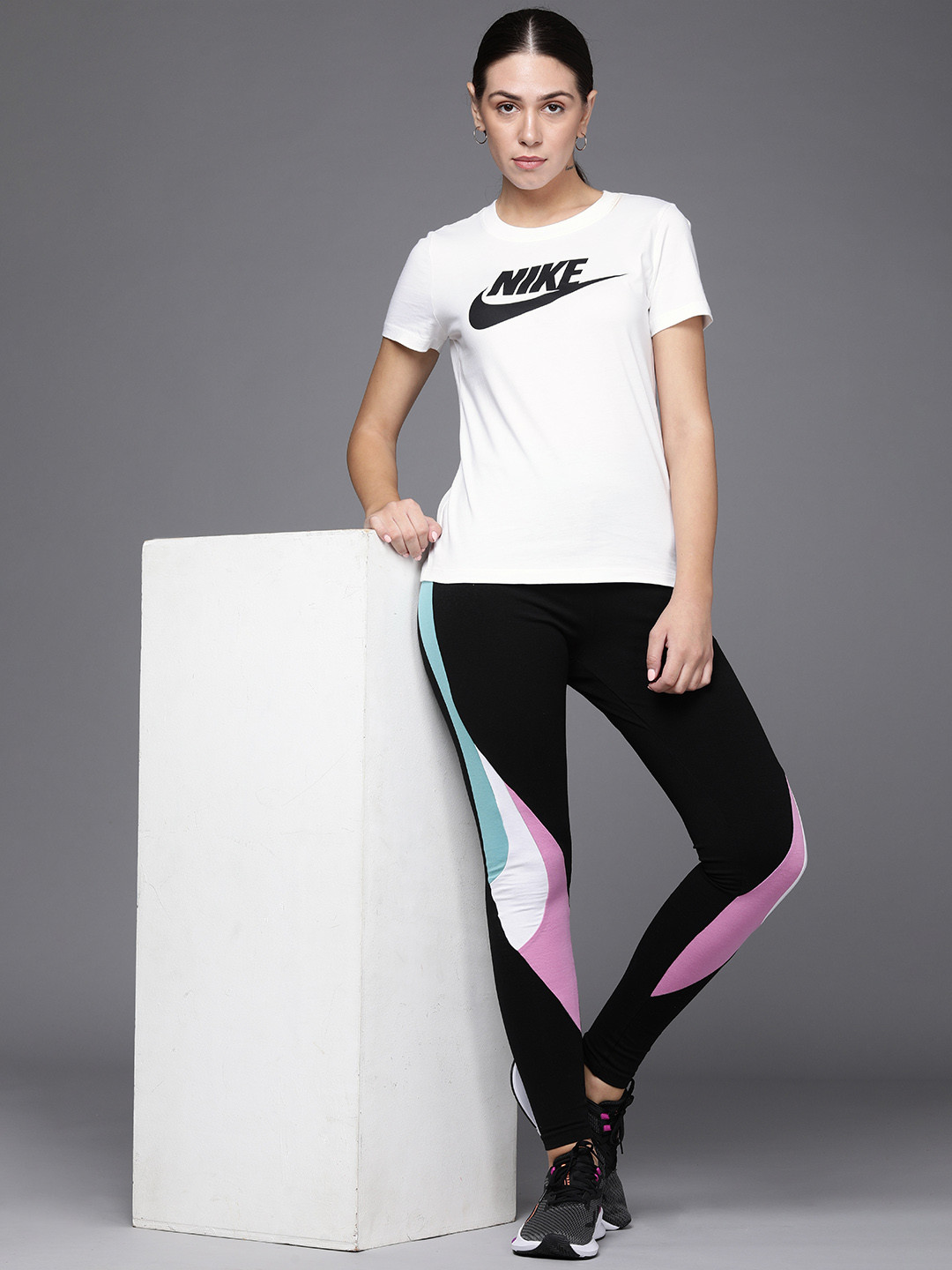 

Nike Women White & Black Brand Logo Printed Pure Cotton Top