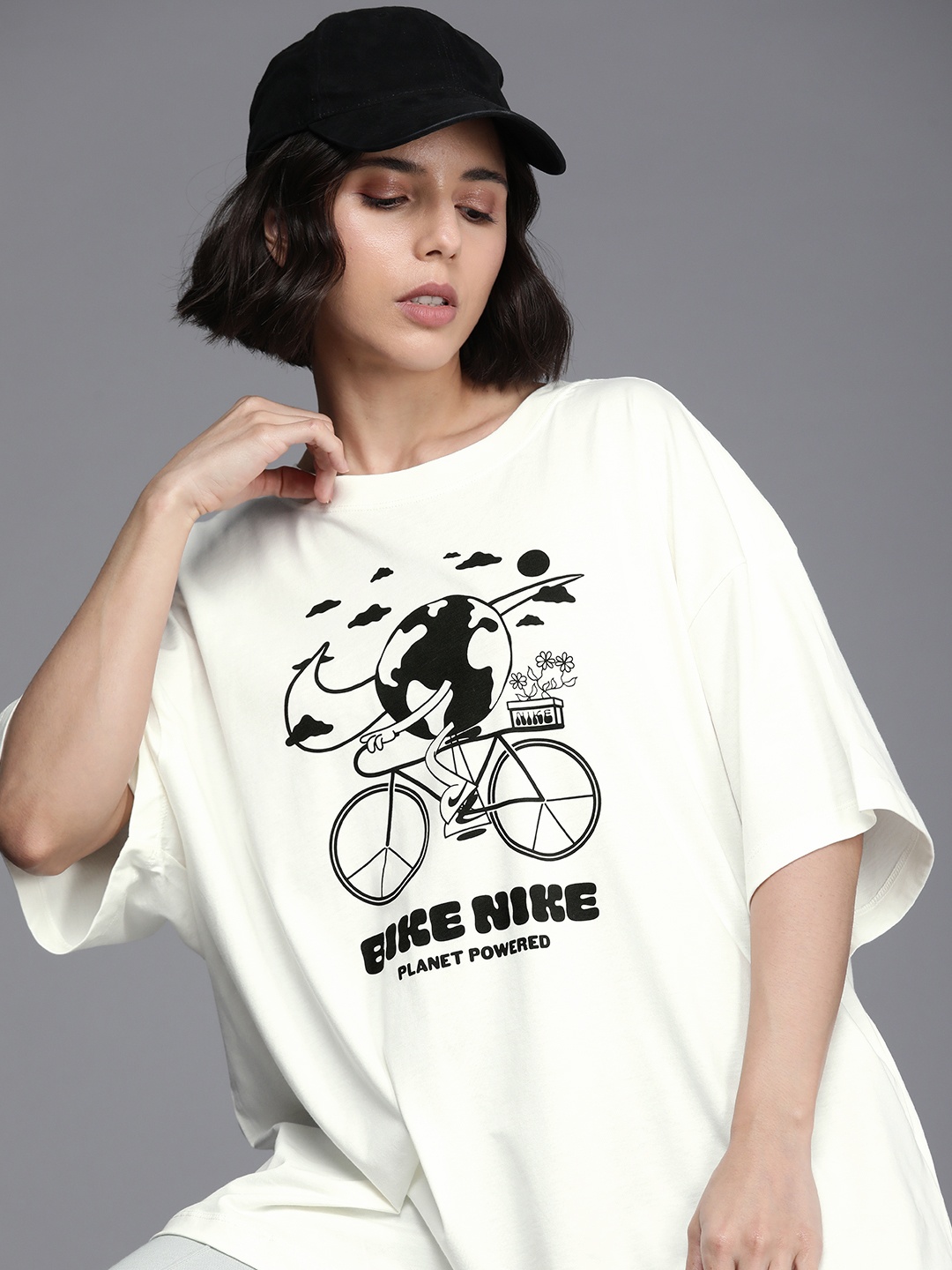 

Nike Women Off White & Black Graphic Printed Pure Cotton Boxy Top