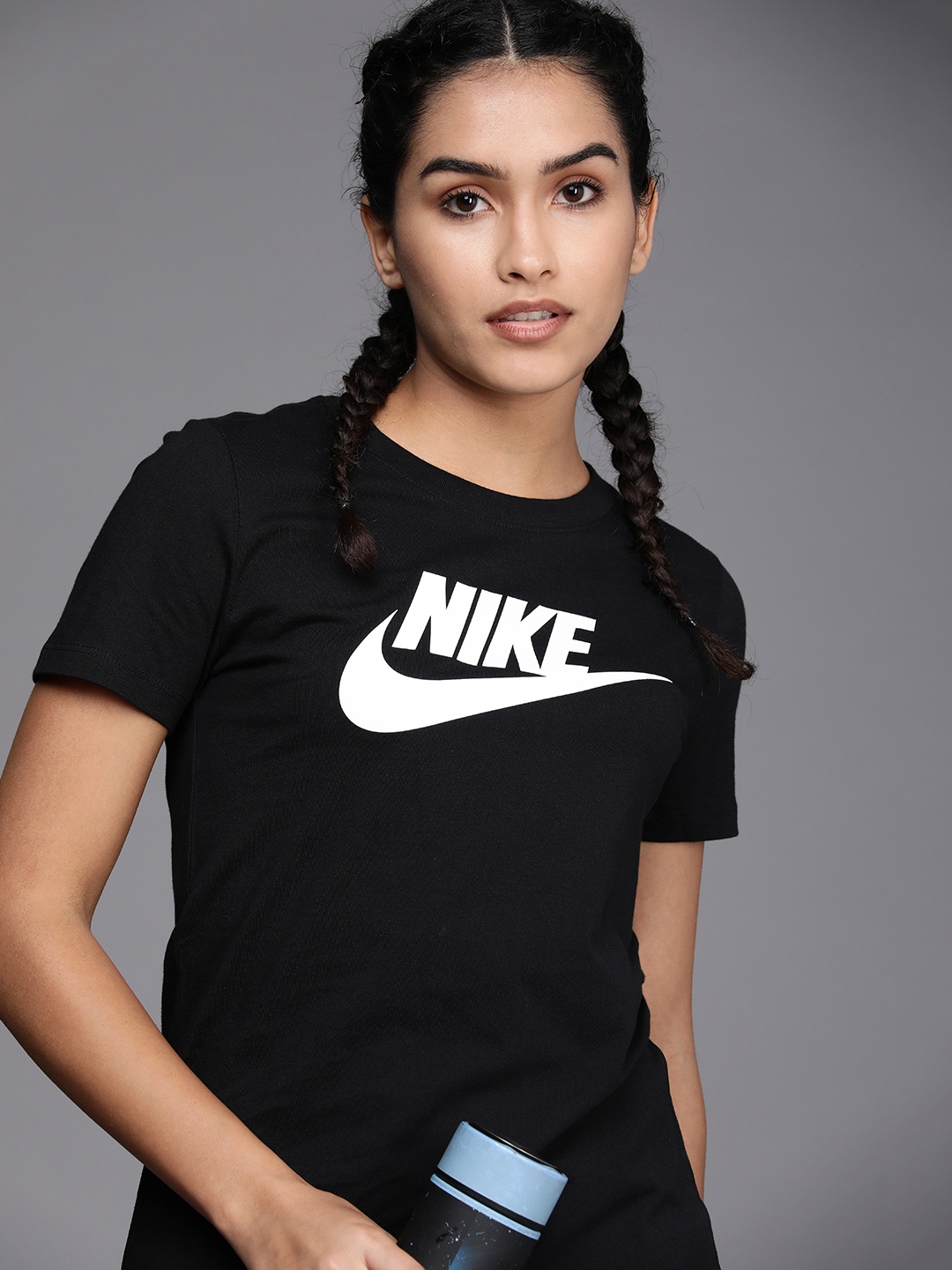 

Nike Women Black & White Brand Logo Printed Pure Cotton Top