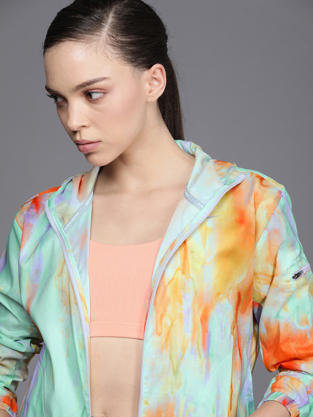 

Nike Women Green & Orange Printed Running Sporty Jacket