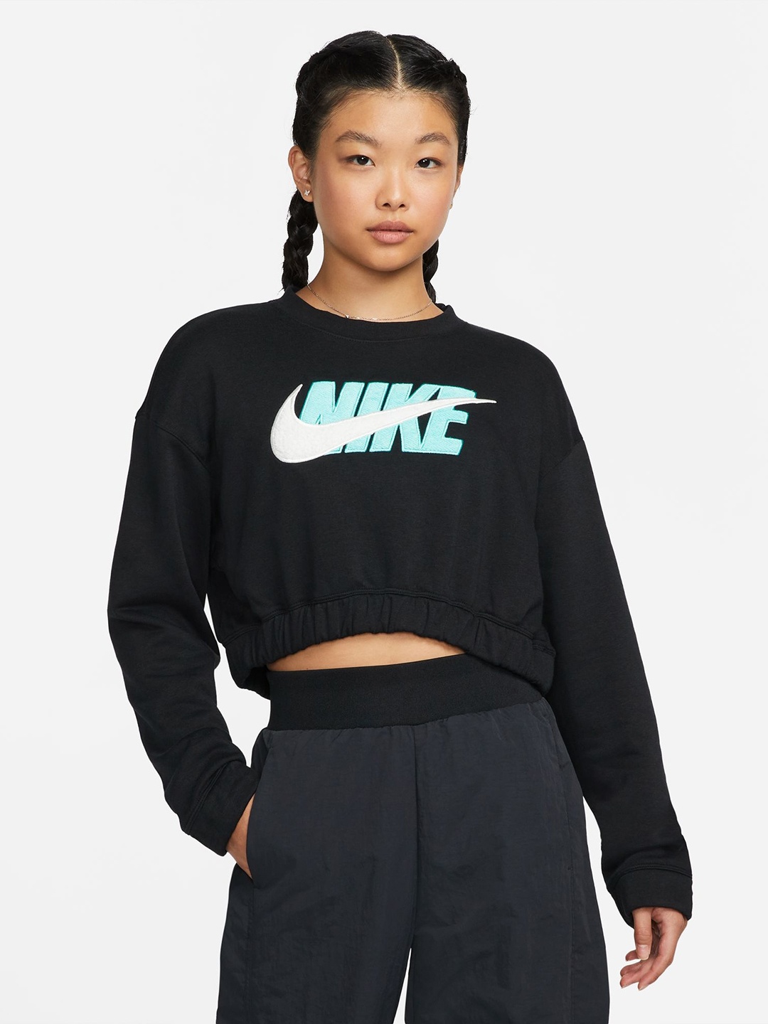 

Nike Black Brand Logo Embroidered Icon Clash Oversized Fleece Crew Top