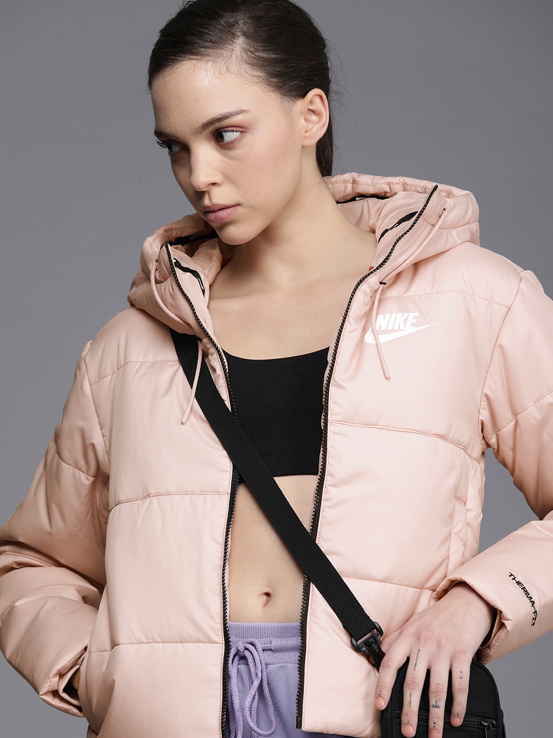

Nike Women Pink Brand Logo Printed Therma Fit Bomber Jacket