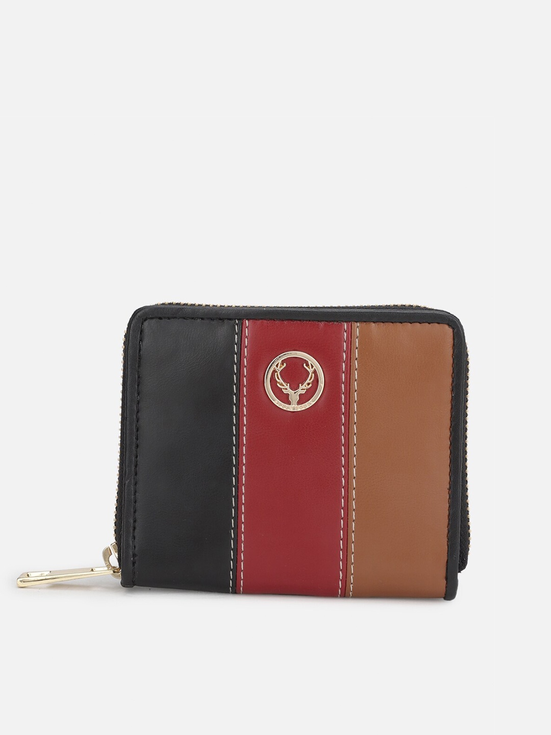 

Allen Solly Women Black & Maroon Striped PU Zip Around Wallet