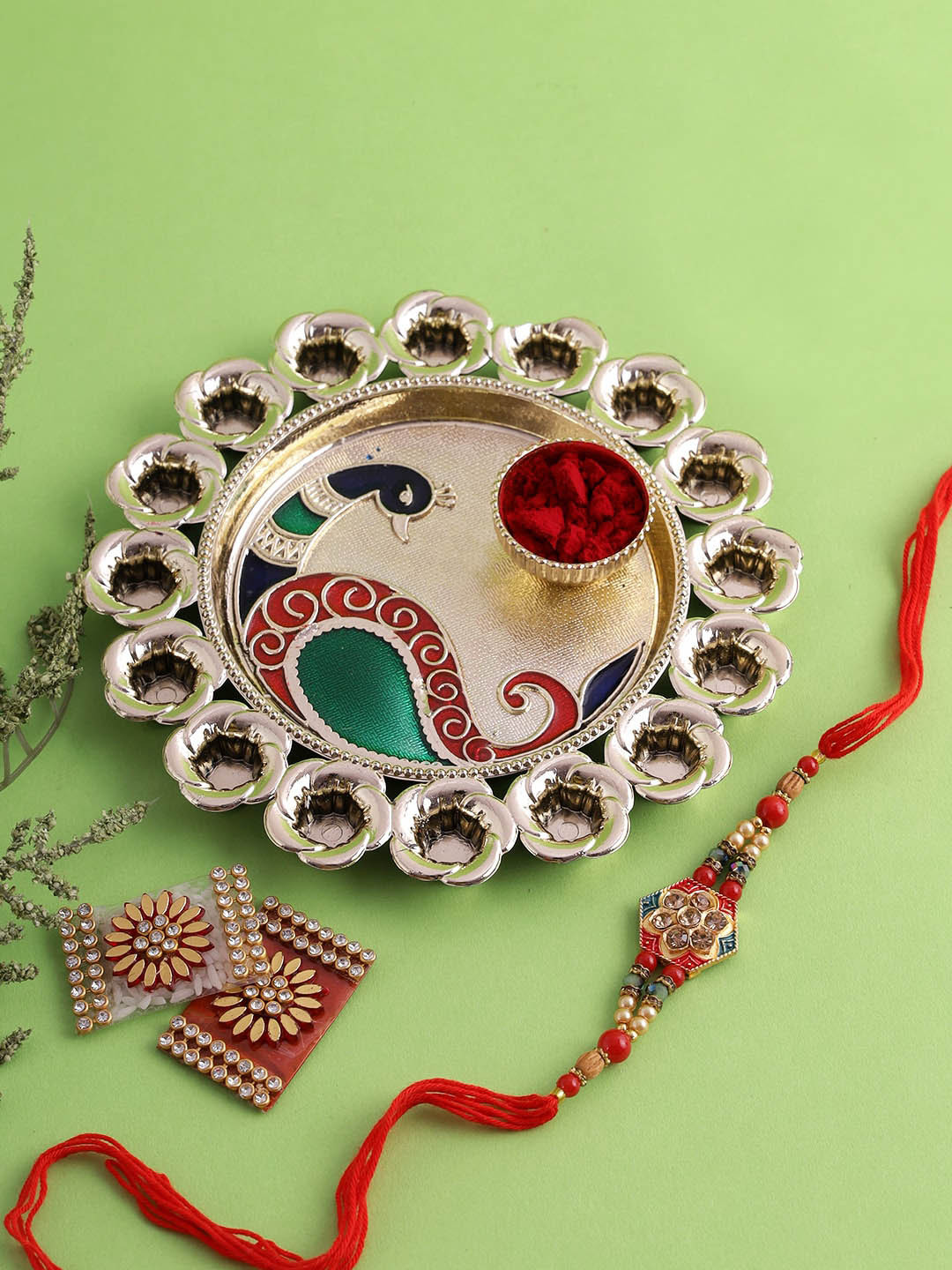 

Aapno Rajasthan Unisex Peacock Motif Decorative Pooja Thali with Bhaiya Rakhi Set, Gold