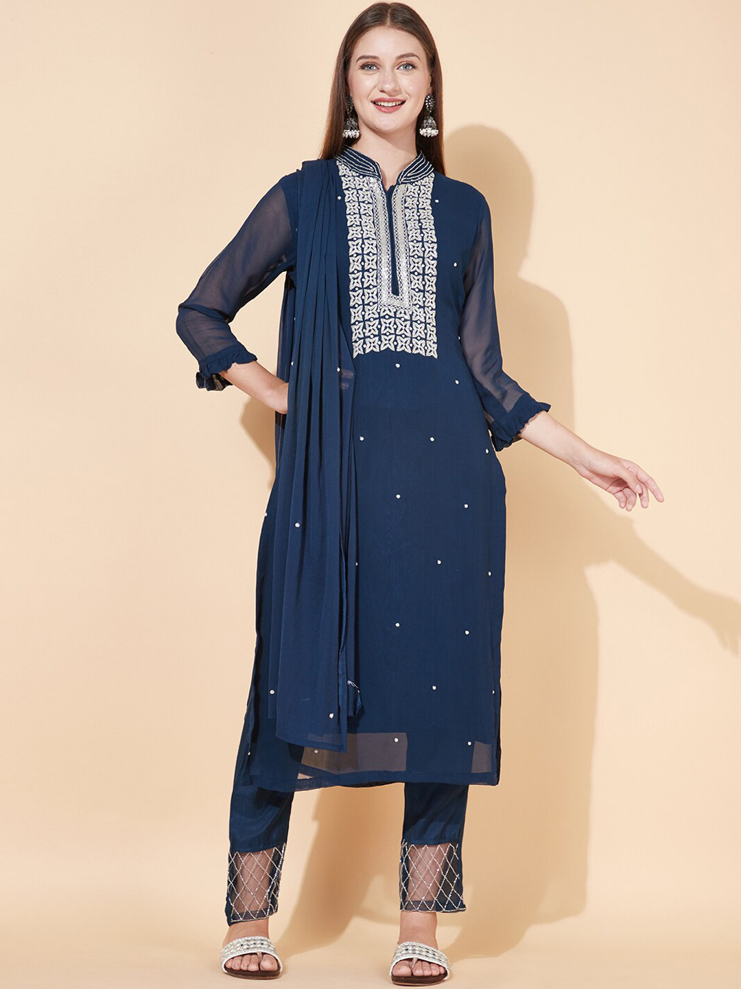 

FASHOR Women Navy Blue Embroidered Beads and Stones Kurta with Trousers & With Dupatta