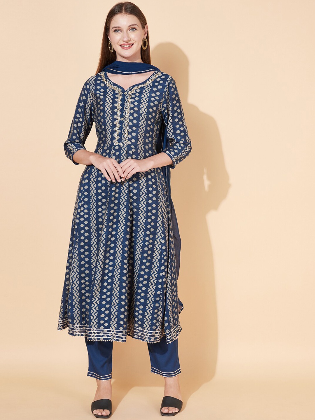 

FASHOR Women Blue Printed Kurta with Trousers & With Dupatta