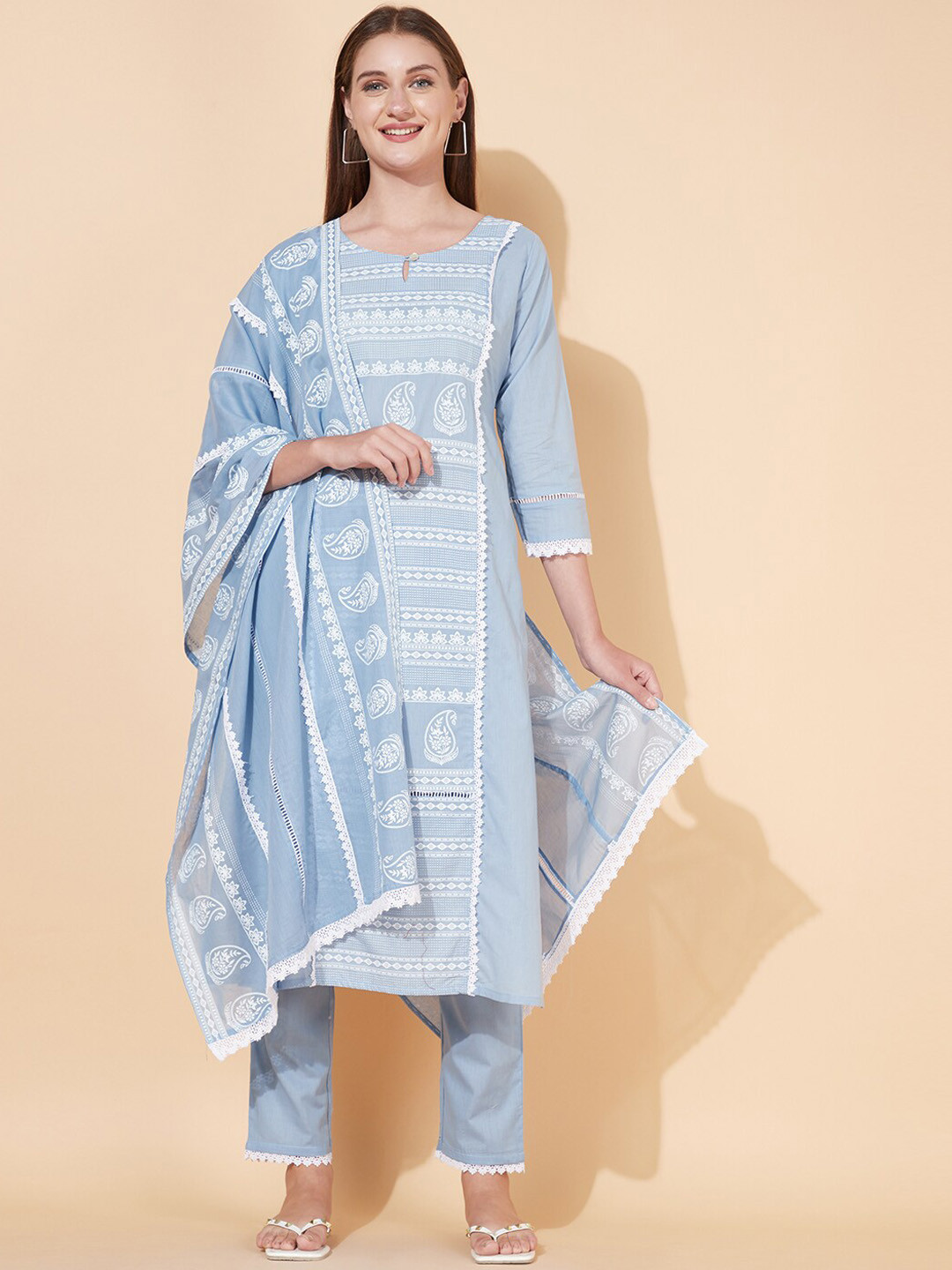 

FASHOR Women Blue Angrakha Pure Cotton Kurta, Trousers with dupatta