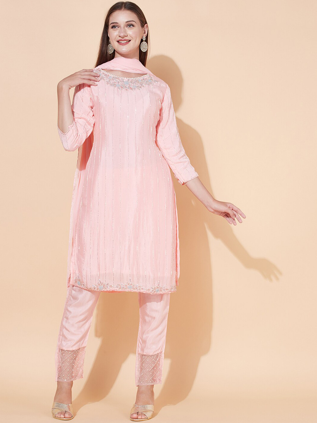 

FASHOR Women Baby Pink Hand Embroidered Beads and Stones Kurta with Trousers & Dupatta