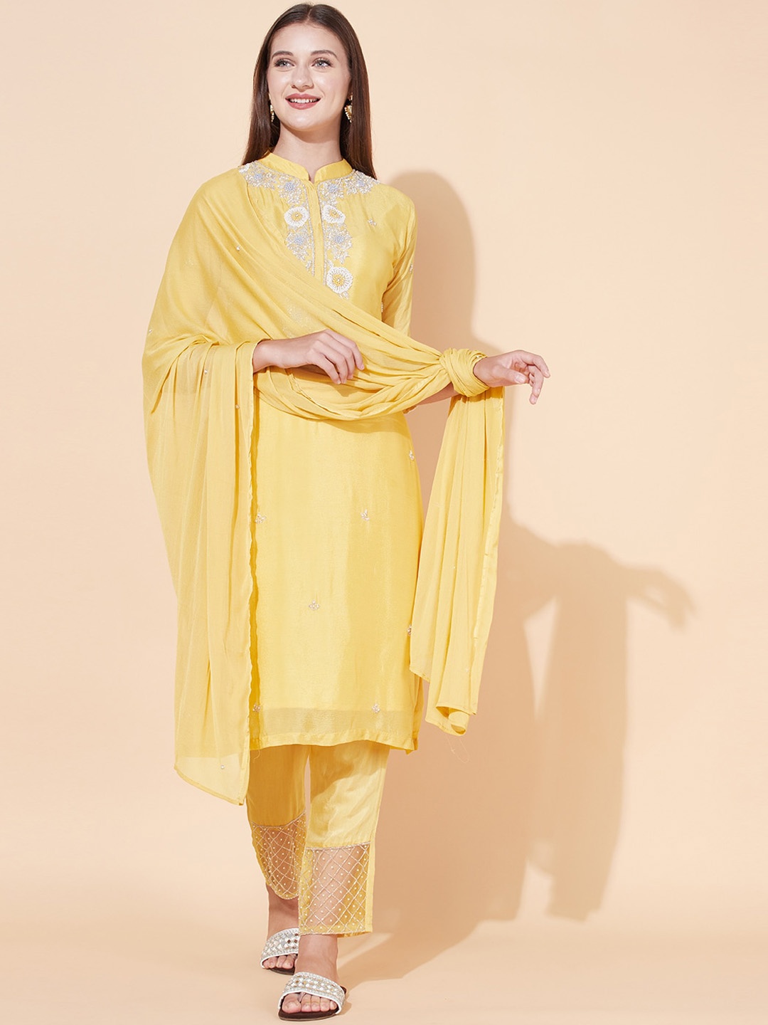 

FASHOR Women Yellow Yoke Design Beads and Stones Kurti with Trousers & With Dupatta