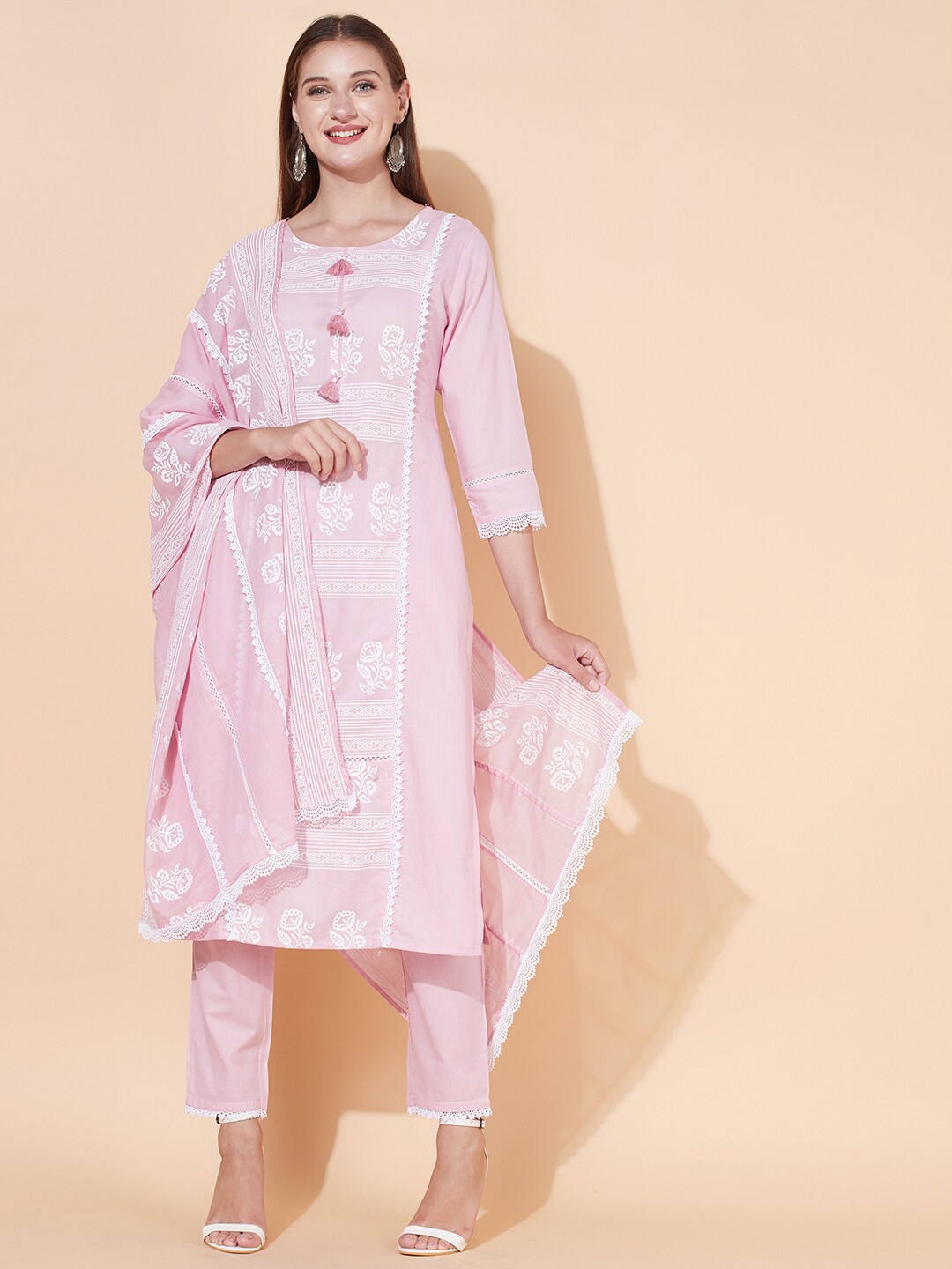 

FASHOR Women Pink Angrakha Pure Cotton Kurti with Trousers