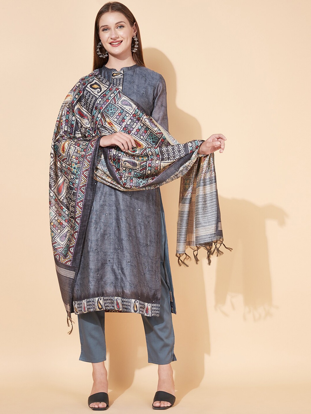 

FASHOR Women Grey Floral Printed Mirror Work Chanderi Silk Kurta with Palazzos & With Dupatta