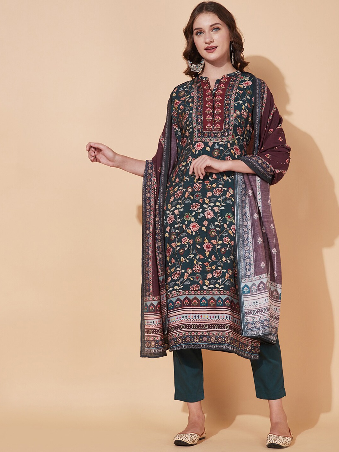 

FASHOR Women Sea Green Layered Sequinned Chanderi Silk Kurti with Trousers & With Dupatta